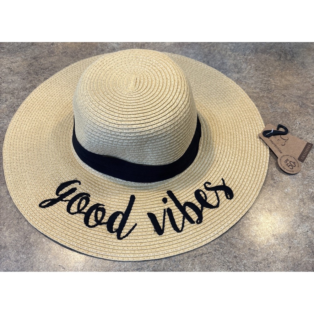 C.C. Exclusives Good Vibes Floppy Beach Hat Raffia Paper Straw Natural UPF 50+